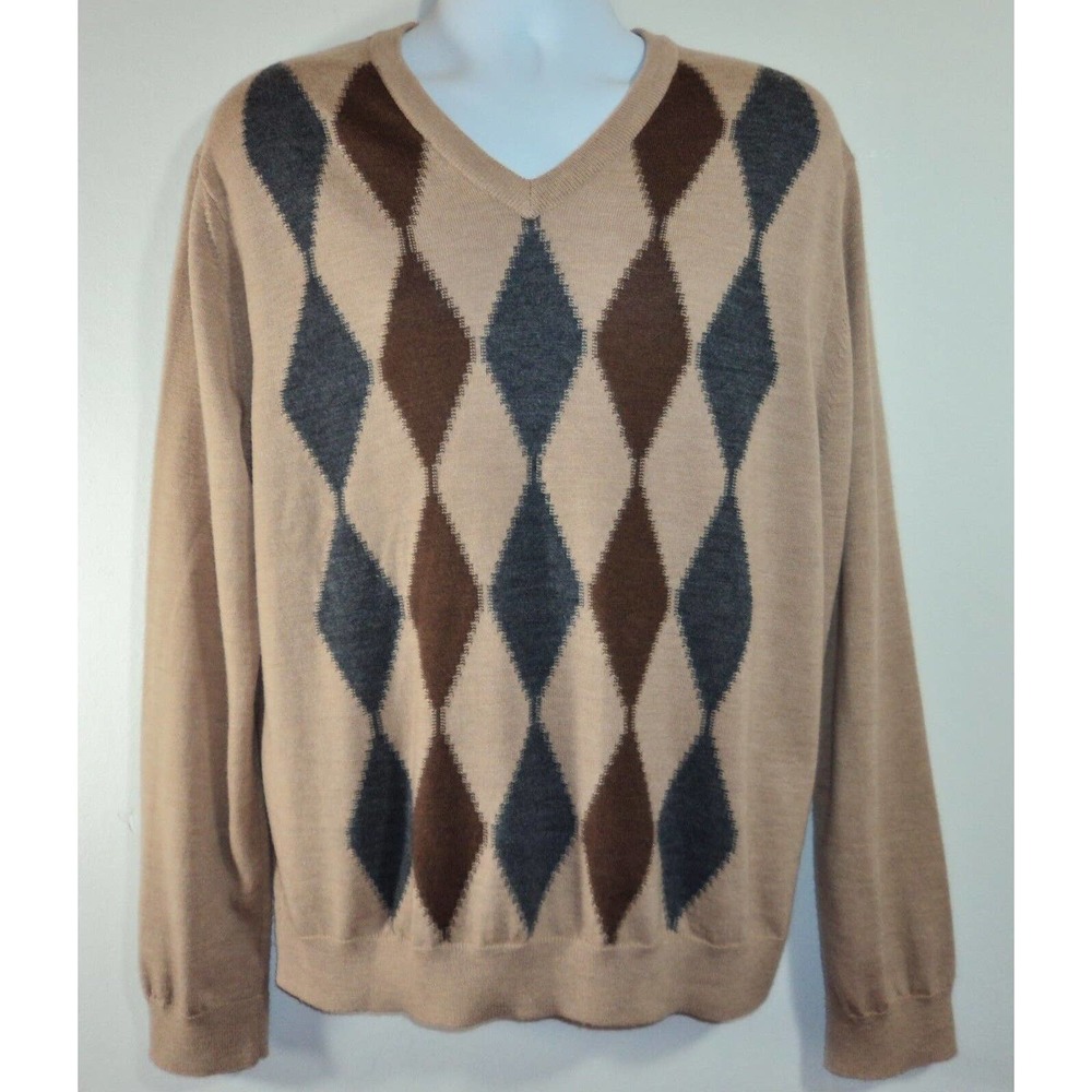 Banana Republic Mens XL Italian Merino Wool V Neck Argyle Sweater Tan Brown Gray